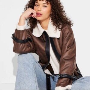 Wild Fable Brown Faux Leather Aviator Jacket with Faux Shearling Collar